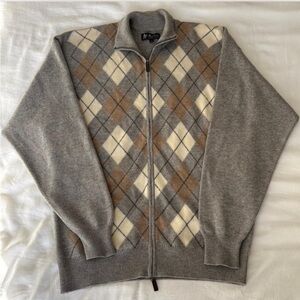 Cashmere Argyle Zip-Up Sweater